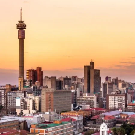 Johannesburg city skyline with the Hillbrow Tower at sunset